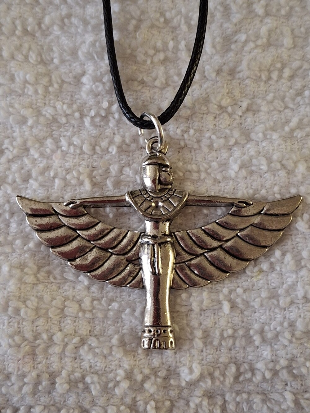 Silver Egyptian Winged Goddess Pendant With Black Corded Necklace